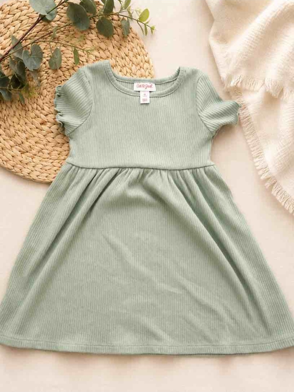 Cat & Jack Sage Green Ribbed Short Sleeve Dress